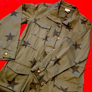 Army green with black stars light weight jacket lays about mid thigh